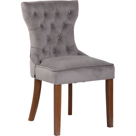 Chaise de salle à manger x 1 style Chesterfield dossier capitonné en velours gris et pieds en bois clair 100003737