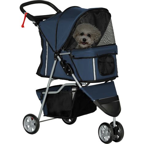 Faltbarer Buggy für Haustiere, faltbare Hunde-/Katzentransportbox mit Getränkehalter, 600D Oxford-Stahl, 75 x 45 x 97 cm, dunkelblau