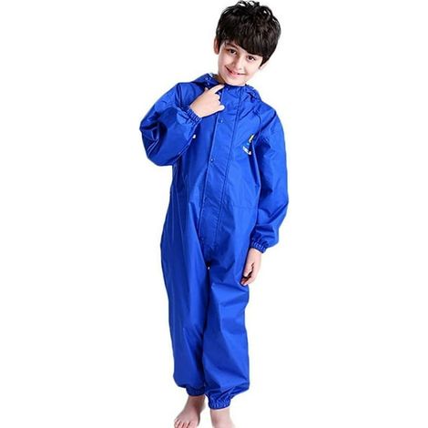 Salopette imperméable enfant 2-12 ans, combinaison pluie avec capuche, bleue, anti-vent, une pièce, idéale pour activités extérieures (1/5)