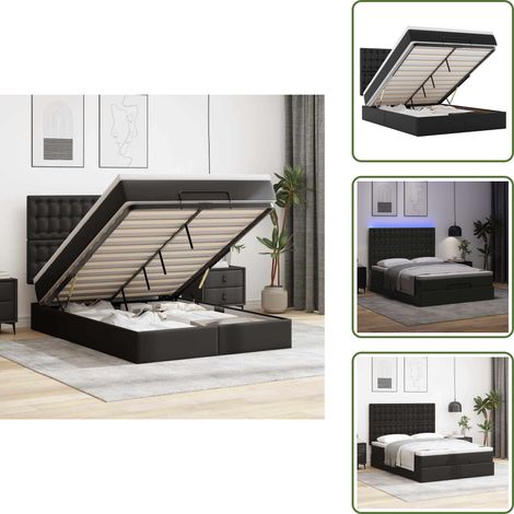 Ottoman-Bett mit Matratze & LEDs Schwarz 140x200 cm Kunstleder - Ottoman-Bett - Ottoman-Betten - Bettrahmen - Bettgestell (1/5)