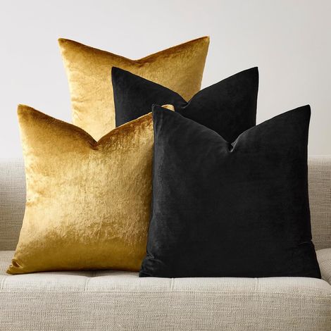 BEBUSINGOTO Dekorative Kissenbezüge 45x45cm, weiches Schwarz und Gold, 4er-Set quadratische Samtkissenbezüge (1/5)