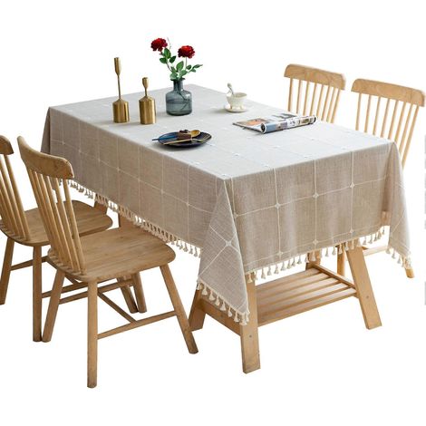 Nappe en toile de jute à pompons brodés, couleur café, 100 x 160 cm (1/5)