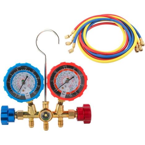 Ensemble de manomètres de collecteur de climatisation pour R407C, R22, R404A et R134A, outil de diagnostic de climatisation avec compteurs à code couleur et tuyaux de 1 m (1/5)