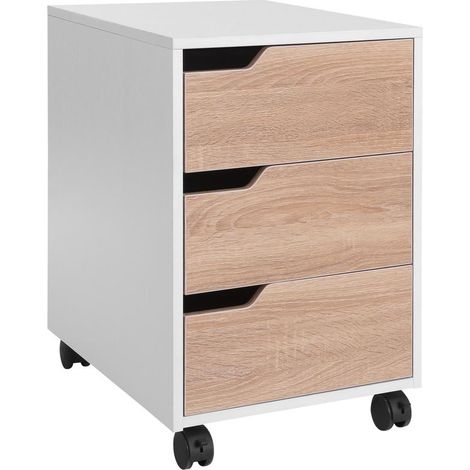 Caisson de bureau chêne et blanc à roulettes, 3 tiroirs de rangement, 40x50x57,5 cm, pratique et esthétique
