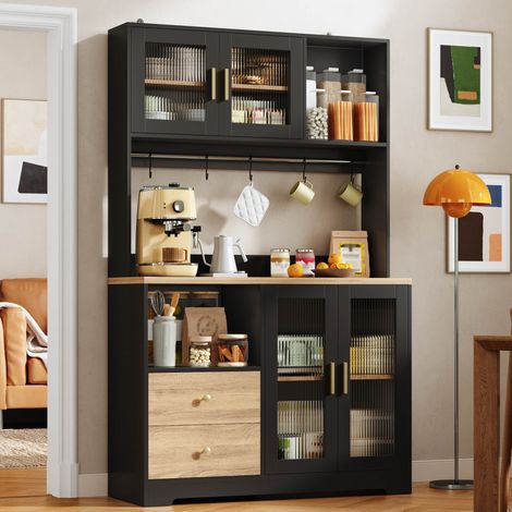 Mobile cucina alto 178 cm con LED, presa e ante in vetro temperato nero effetto legno DESVIAE (1/5)