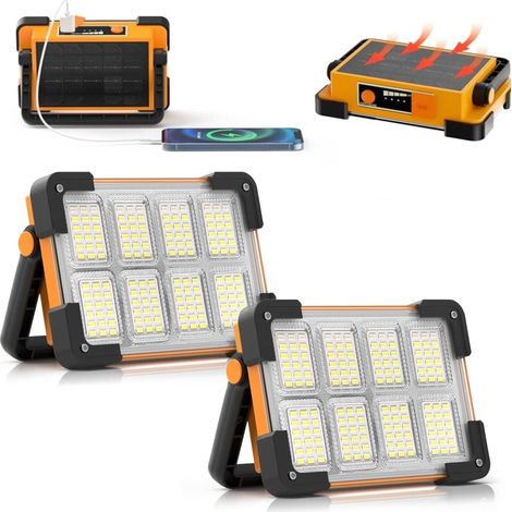 Lot de 2 Projecteur LED Rechargeable,Projecteur LED Chantier Portable Solaire & Batterie Rechargeable,4 Modes Lampe de Travail Pour Camping, Chantier, Garage, Atelier (1/5)