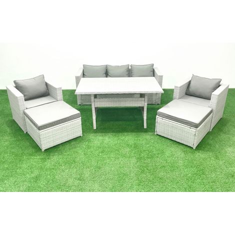 Fimous Garden Dining Set Outdoor Rattan Furniture Set with Sofa Dining Table 2 Chairs 2 Big Footstools Light Grey Mixed (1/5)