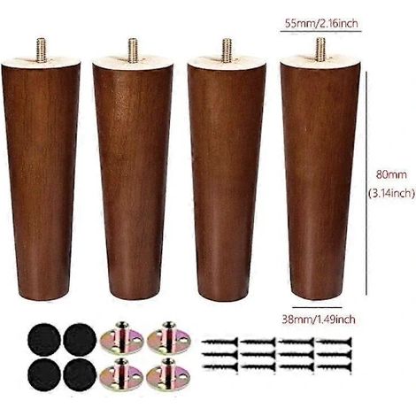 Ensemble de 4 pieds de meuble en bois massif avec vis et patins de protection pour table basse, armoire ou chaise, noyer, 8 cm. (1/2)