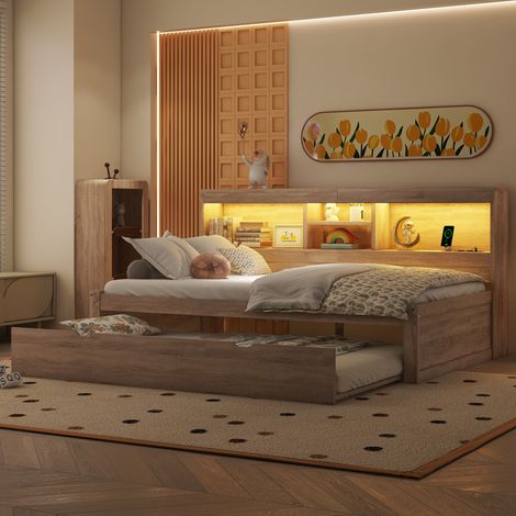 Cama nido infantil 90x200 cm de madera natural con LED FloraGrace (1/5)