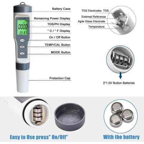 3-in-1 Wasserqualitätstester, pH-Wert-TDS-Temperatur, elektronisch mit LCD-Bildschirm für Schwimmbäder und Aquarien