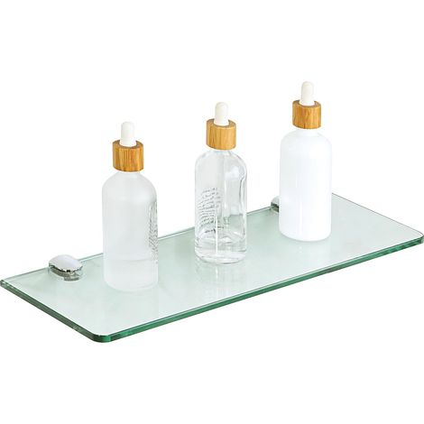 Étagère Murale en Verre Tablette Salle de Bain, Étagère de Douche en Verre Transparent Trempé de 7MM Épaisseur et Chrome Poli Supports, Longueur 38CM Fixation murale avec supports d'étagère chromés (1/5)