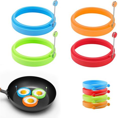 Juego de cocina de 4 piezas: molde para panqueques, aro de silicona huevos, Resistente calor, Molde silicona, Colores: azul, rojo, verde naranja (1/5)