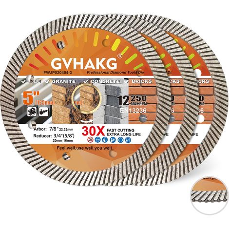 Lot de 3 disques à tronçonner diamantés 125 mm Turbo fins pour carrelage, granit, marbre, béton, céramique, brique, disques diamantés pour meuleuse d'angle (1/5)