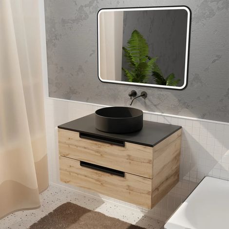 Mobile da Bagno 80cm Sospeso 2 Cassetti - Finitura Legno e Nero - Lavabo Ø36 e Specchio LED 80x60cm
