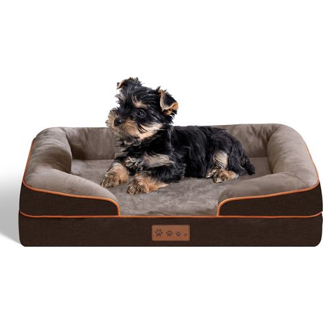 Lit Orthopédique Chien L 71x59x16 cm – Canapé Mémoire de Forme Déhoussable, Panier Sofa Suédine / Lin Coton PP, Bords Surélevés 3 Côtés pour Moyen et Grand Chien