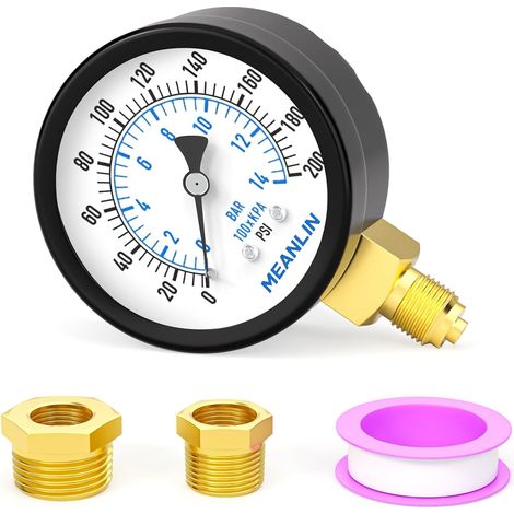 014BAR/0200PSI Pressure Gauge for 2"DIAL FACE 1/8" BSP Well Pump, with 1/4" BSP and 3/8" BSP Hex Bushing, Bottom Mount Water, Oil and Air Pressure Test Center (1/5)