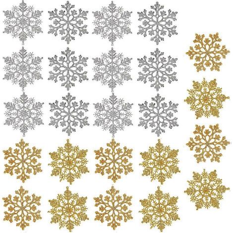 24 décorations de flocons de neige pour sapin de Noël, flocons de neige blancs et dorés pailletés pour les fêtes (1/5)