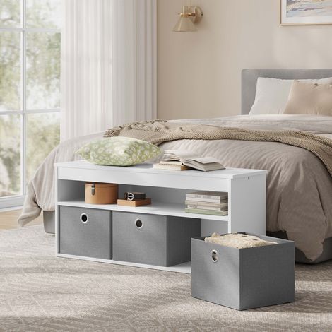 WOLTU Schuhbank, Schuhregal mit Sitzfläche Ablagebank, Sitzbank mit Stauraum, Schuhtruhe mit 3 Stoffschubladen, offenem Fach, Garderobenbank, für Flur Schlafzimmer, Holzwerkstoff, 102x45x30 cm, weiß (1/5)