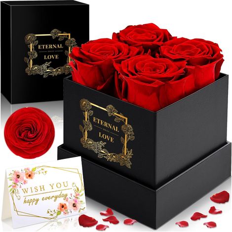 Cadeau Coffret Lot de 4 Roses Eternelle,Rouge Fleur Eternelle,Cadeau Saint Valentin pour Femme,Idée Cadeau Femme Maman Mamie Amie,pour Saint Valentin,Fête des Mères,Anniversaire,Mariage (1/5)