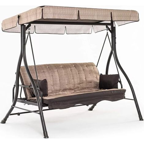 Dondolo 3 tre Posti Beige Reclinabile Letto in Ferro con Tetto Copertura Cuscini (1/6)