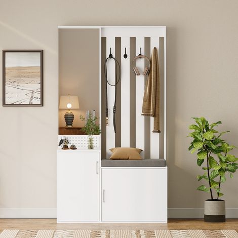 Ensemble de Vestiaire 6 en 1,avec Miroir,Meuble d'Entrée avec banc et étagère à chaussures,porte-manteau avec 4 crochets suspendus,Garde-Robe Compacte, Meubled'Hall Multifonction Blanc Moderne (1/5)