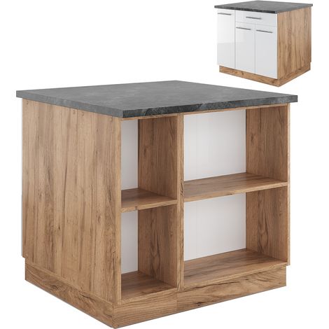 Isola cucina Fame-Line, Bianco lucido/oro power oak, 90 cm con cassetto, senza piano di lavoro, Vicco