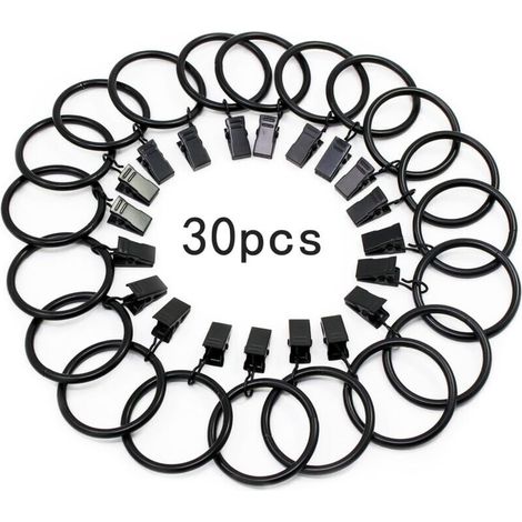 30 anelli per tende, con clip in metallo, resistenti, antiruggine, per aste per tende, diametro interno 32 mm (nero) (1/4)