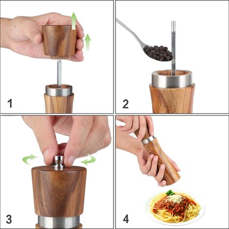Moulin à poivre, moulin à sel en bois, moulin à poivre à mouture réglable et facilement rechargeable, mécanisme de broyage en céramique (1/5)
