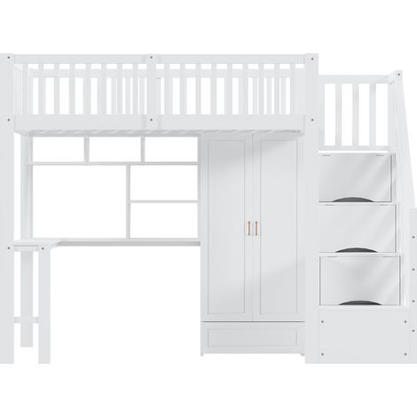 Lit mezzanine 90x200 blanc, lit combiné avec armoire, lit surélevé avec bureau et escalier de rangement, structure en bois massif (1/5)