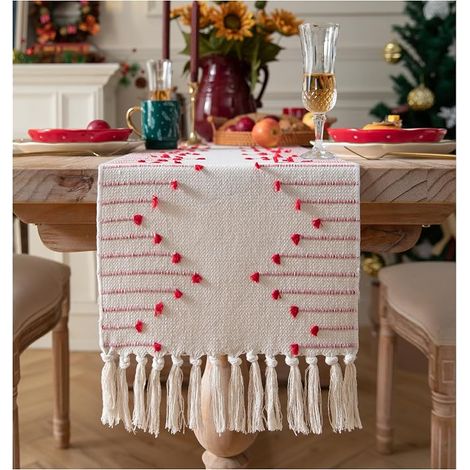 Nappe de Table de Noël Rouge Tissée en Coton Naturel 13 x 72 Pouces avec Pompons, pour Salle à Manger, Maison, Salon, Style Ferme Moderne et Bohème