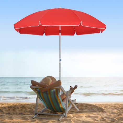 Parasol plage inclinable Ø180cm polyester haute densité anti-UV mât aluminium hauteur réglable sac transport, rouge