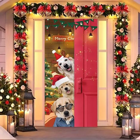 Rideau de porte de Noël 2026, bannière extérieure avec fond photo Père Noël et chien, tissu à suspendre - 90 x 180 cm (rainure + ruban) - 22