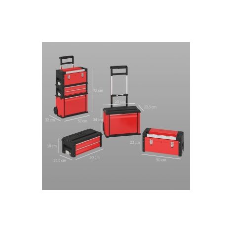 Servante d'atelier rouge en acier avec 3 modules et coffre à outils à poignée, roulettes pour garage, atelier et chantier (1/5)