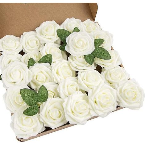 25 têtes de roses artificielles avec tige pour bouquets de mariage à faire soi-mêmecrème (1/2)