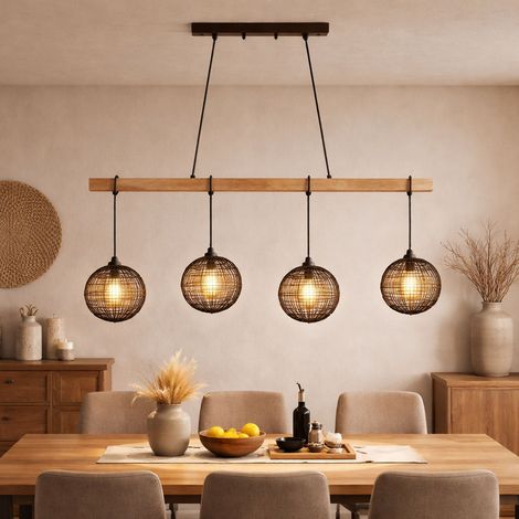 LED Hängelampe Pendelleuchte Wohnzimmerlampe Höhenverstellbar Esstischleuchte, Metall schwarz Holz naturfarben, 4x 7W 630lm warmweiß, H 140 cm