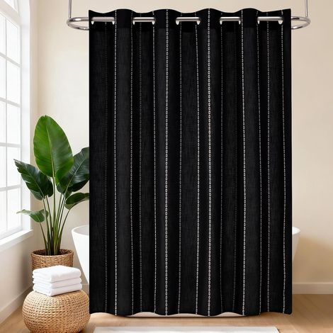 Rideau de douche bohème sans crochets en tissu polyester et lin à rayures avec revêtement imperméable pour salle de bain, ferme, style rustique, shabby chic, rideau de salle de bain neutre (1/5)