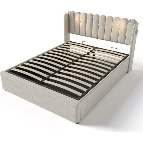 Cama doble 140 x 200 cm con luces de lectura y USB, tapizada en lino natural con almacenaje (1/5)