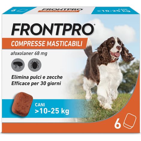 FRONTPRO 6 Compresse Masticabili Antiparassitario per Cani di Peso  10-25 kg Protegge da Pulci Zecca Uova e Larve Antipulci in Confezione da 6 Compresse da 68 mg di Afoxolaner (1/5)