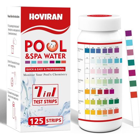 Bandelette Piscine 7 en 1, Testeur pour Eau de Piscine et Spa, 125 test pour tester Brome, alcalinité totale, pH, chlore libre, dureté totale, acide cyanurique et chlore total (1/5)