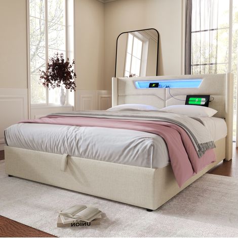 Lit coffre 140x200 cm en tissu lin beige avec LED, USB et Type-C, sommier à lattes inclus (1/5)
