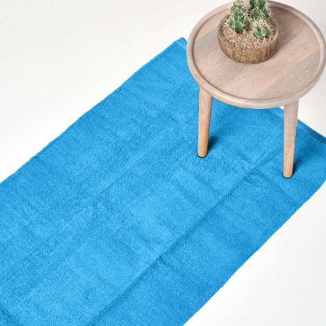 HOMESCAPES Chenille Plain Cotton Extra Large Rug Blue, 110 x 170 cm - Blue (1/4)