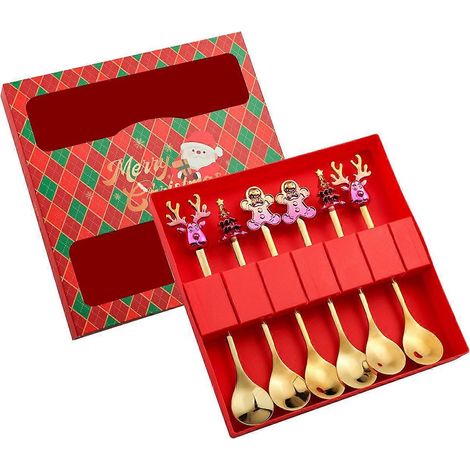 Lot de 6 cuillères de Noël en forme de sapin, de bonhomme en pain d'épice et de renne, pour un usage quotidien ou comme cadeau de fête - FFY (1/4)