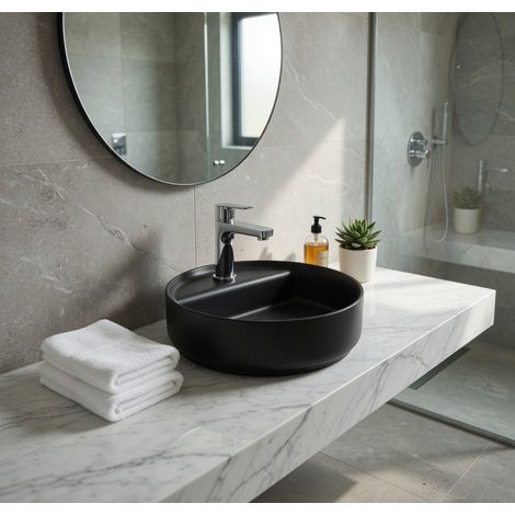 Lavabo tondo da appoggio senza troppo pieno in ceramica con foro rubinetto - Nero Opaco