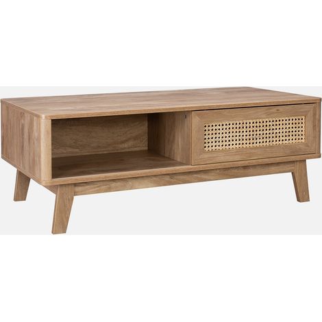Mesa de centro con puerta corredera, 2 nichos, efecto madera y caña
