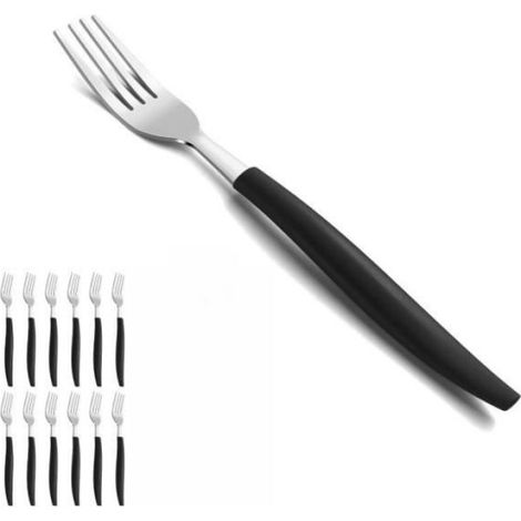 Lot de 12 Fourchettes, Acier inoxydable, Poignée noire, Poli brillant, Lave-vaisselle, Repas quotidien (1/3)