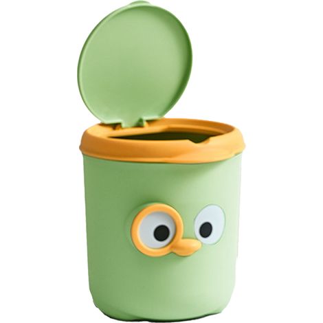 Mini poubelle avec couvercle, motif dessin animé mignon, en plastique, verte, idéale pour la table, la table de chevet ou le bureau.