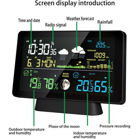 Station Météo Connectée 7,5 Pouces avec Pluviomètre et 3 Capteurs Sans Fil - Horloge Intelligente avec Affichage Couleur et Alarme Température Intérieure/Extérieure