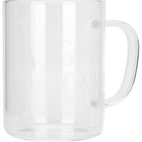 Mug transparent de 350 ml avec anse, en verre, pour café au lait ou eau. Ustensile de cuisine. Lettre blanche. (1/5)