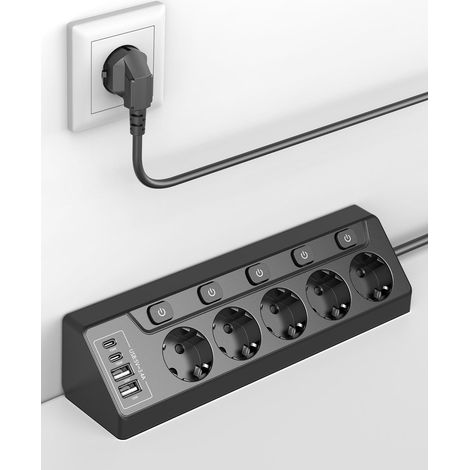 Multiprise d‘Angle, Interrupteur Individuel, 5 Prises avec 4 Ports USB (2 USB-C 20W + 2 USB-A), Protection Contre Les Surtensions, Sécurité Enfants, Câble 2m, 3680W pour Cuisine, Bureau, Maison (1/5)
