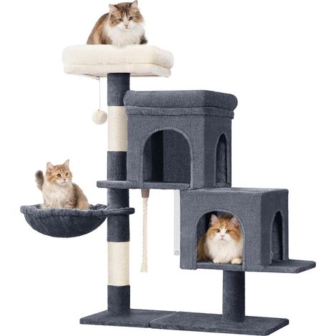 Arbre a Chat,95 cm, Spacieux et Stable, Fond Réglable, avec Grande Plateforme Souple, Pompons, Panier, Griffoir, Corde en Sisal, Gris Foncé (1/5)